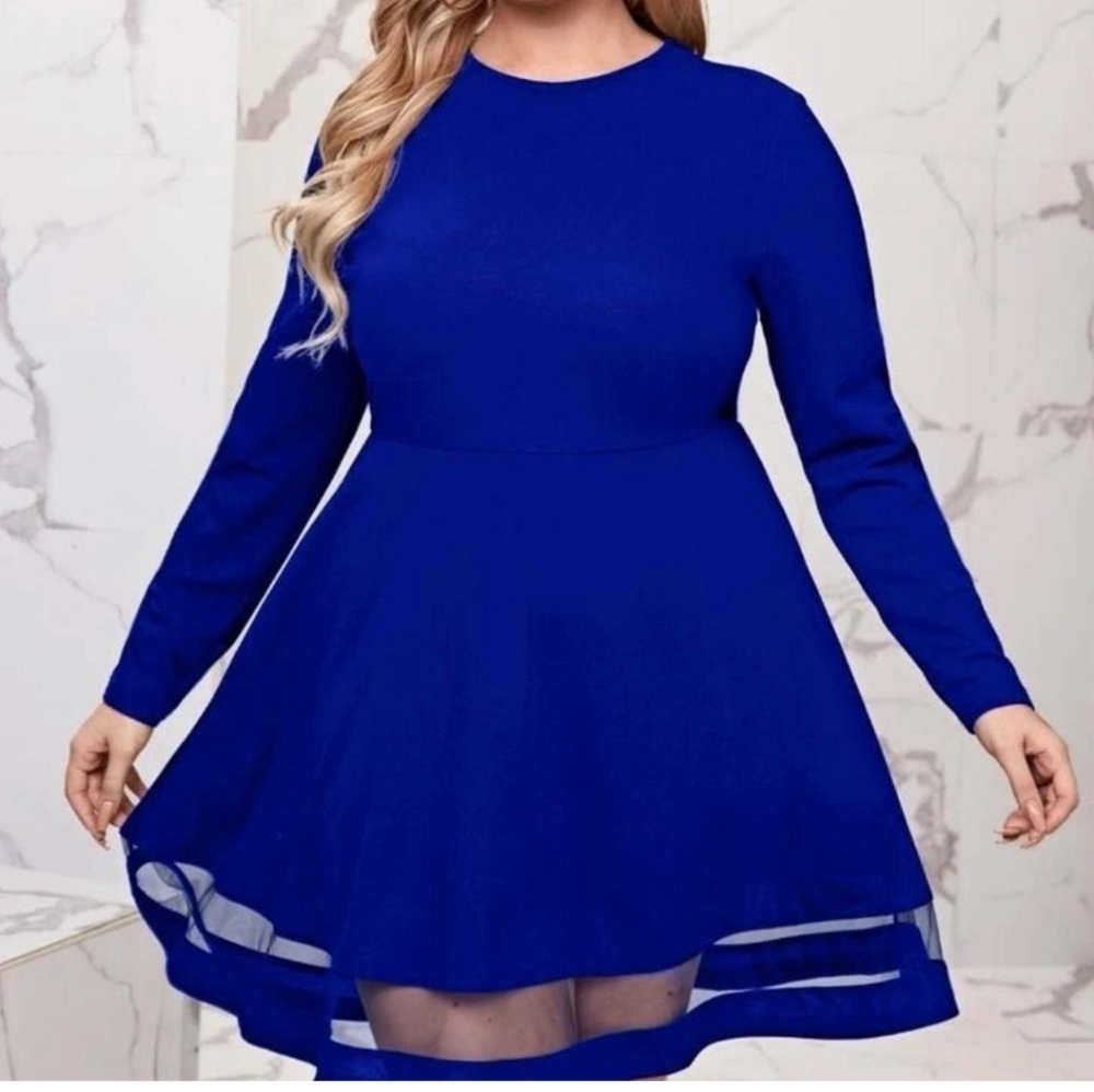 SHEIN Royal Blue Long Sleeve Fit & Flare Dress